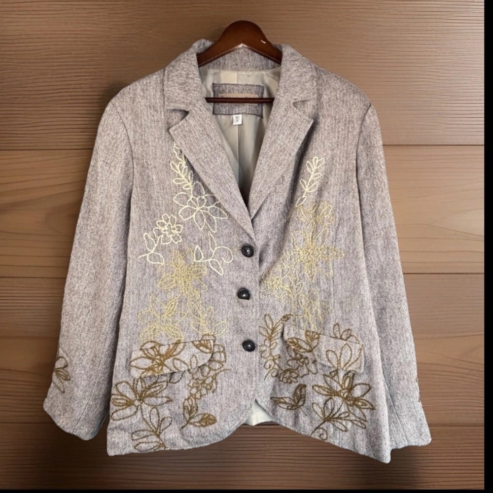 Blazer Floral Embroidered Button Tweed Jacket Brown 20 Plus Boho Artsy Cottage